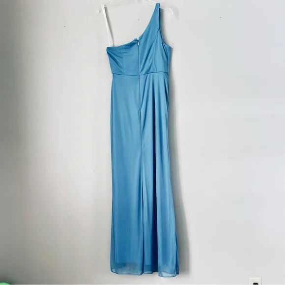 Azazie One-Shoulder Gathered Light Blue Evening Gown SZ 8 - Picture 7 of 15